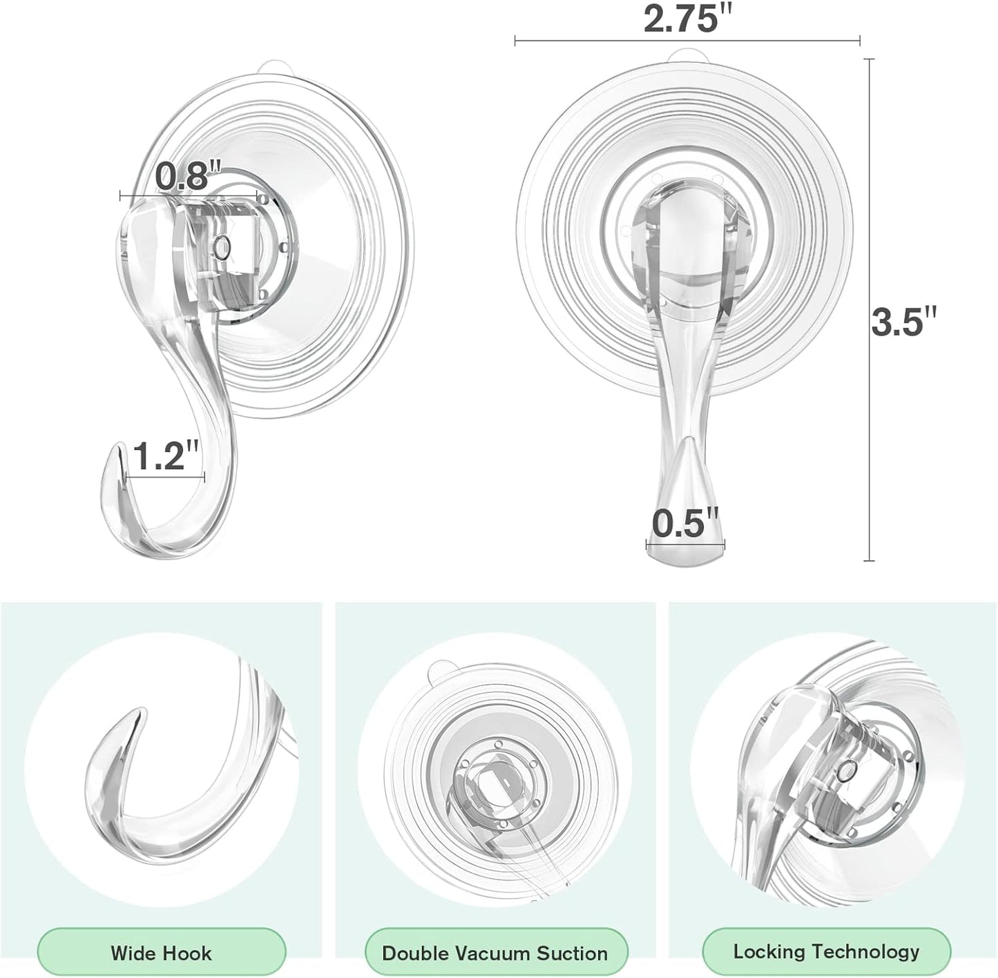 Large Suction Cup Hooks with Wipes, Heavy Duty, Removable and Reusable, Clear, 5 Pcs V1258-DP02-B-288