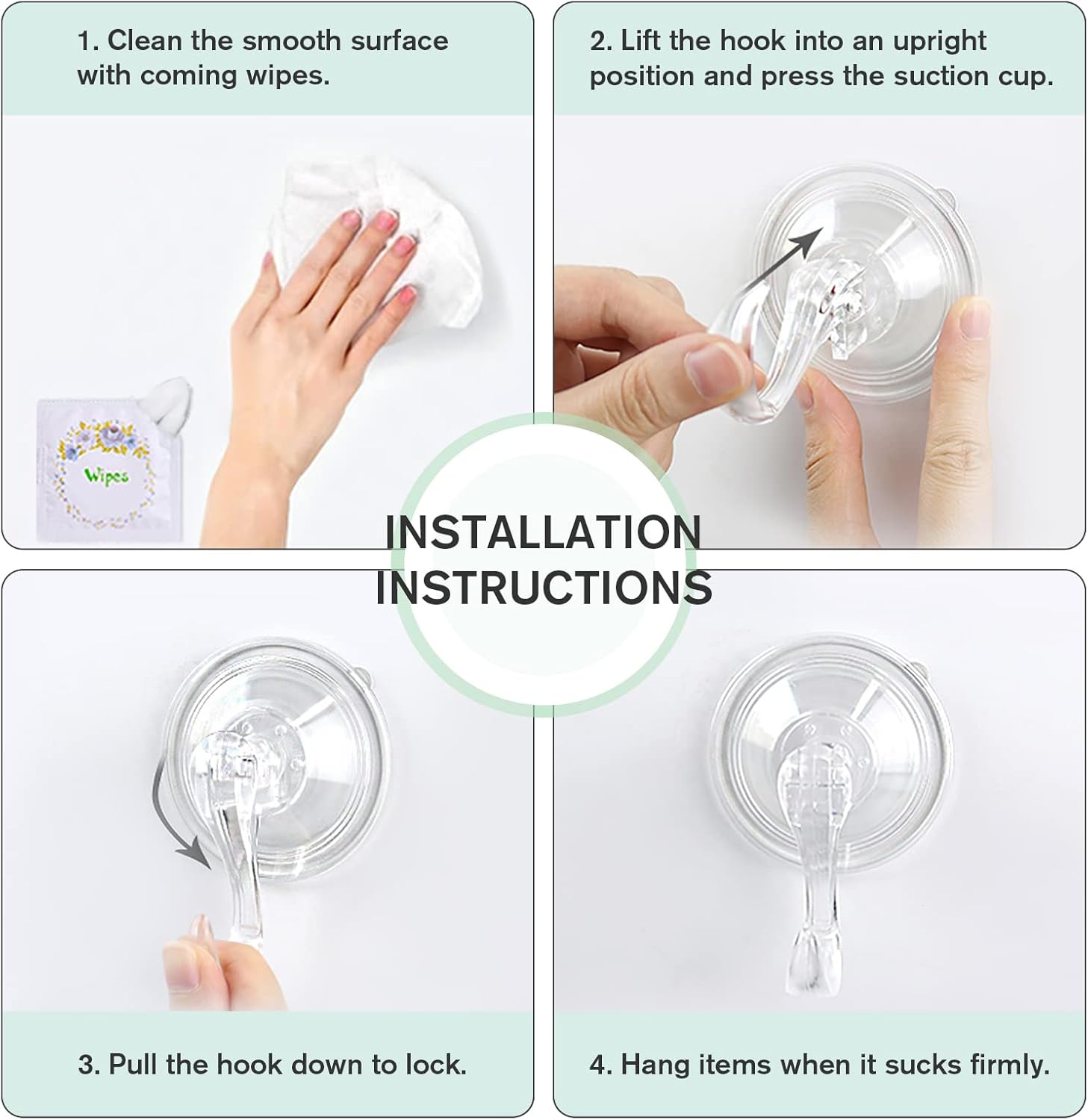 Large Suction Cup Hooks with Wipes, Heavy Duty, Removable and Reusable, Clear, 5 Pcs V1258-DP02-B-288