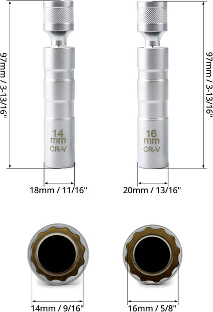 14mm&16mm Magnetic Swivel Spark Plug Socket, Thin Wall Magnetic Rotating 3/8" Drive 12 Point Standard Spark V1258-DP02-B-2897