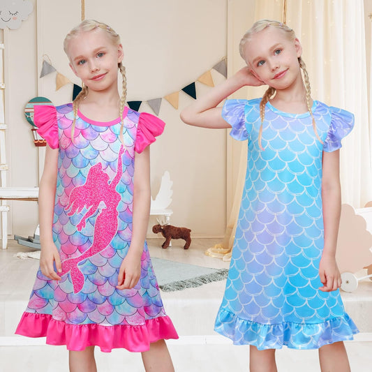 2pcs Girls Nightgowns Unicorn Mermaid Pajamas for Toddler Girls Princess Nightgown Sleepwear for Kids 3-9 V1258-DP02-B-29