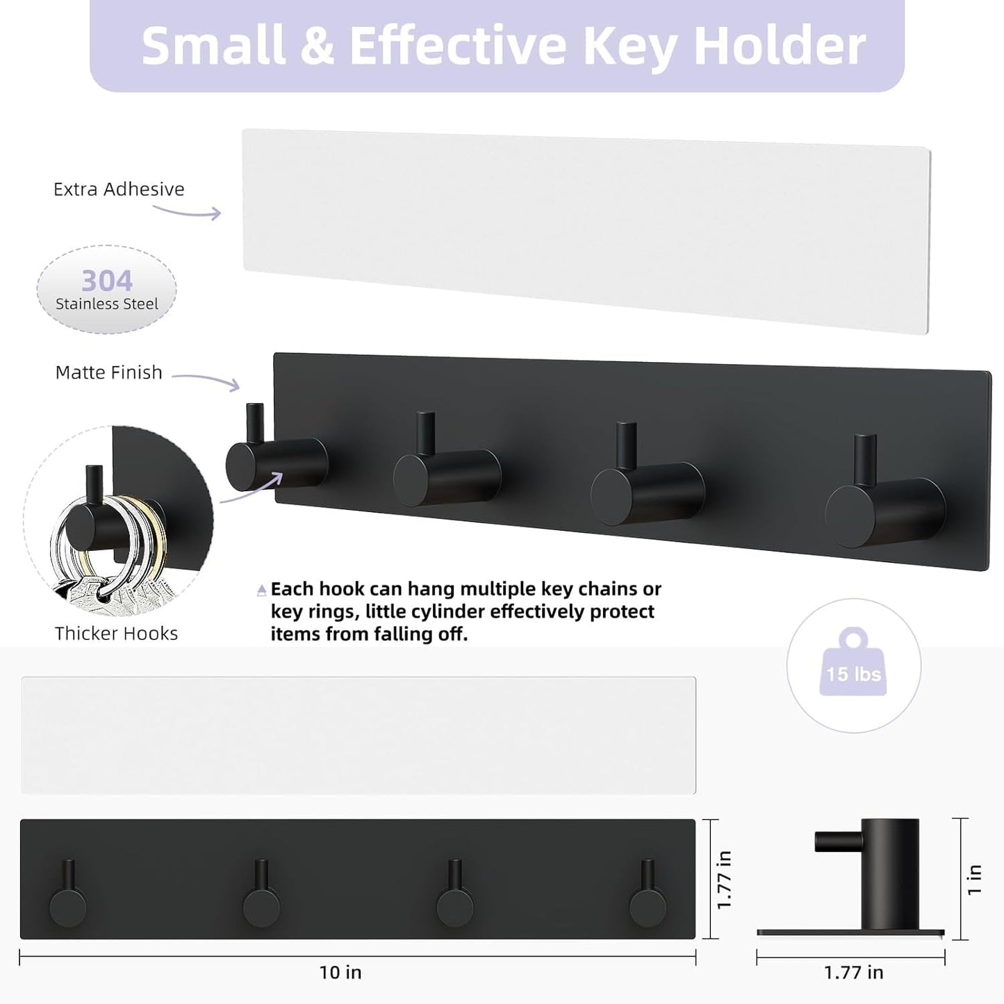 Key Holder Wall Mount, Large Metal Self Adhesive Key Hanger with 4 Hooks, No Drilling, Extra Adhesive Strip, V1258-DP02-B-290