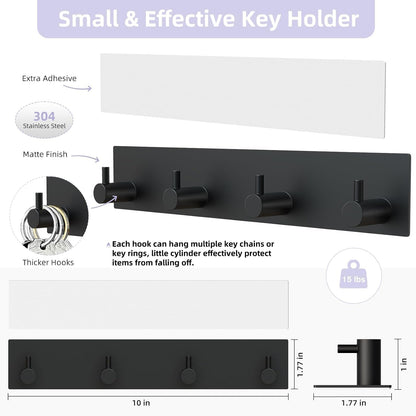 Key Holder Wall Mount, Large Metal Self Adhesive Key Hanger with 4 Hooks, No Drilling, Extra Adhesive Strip, V1258-DP02-B-290