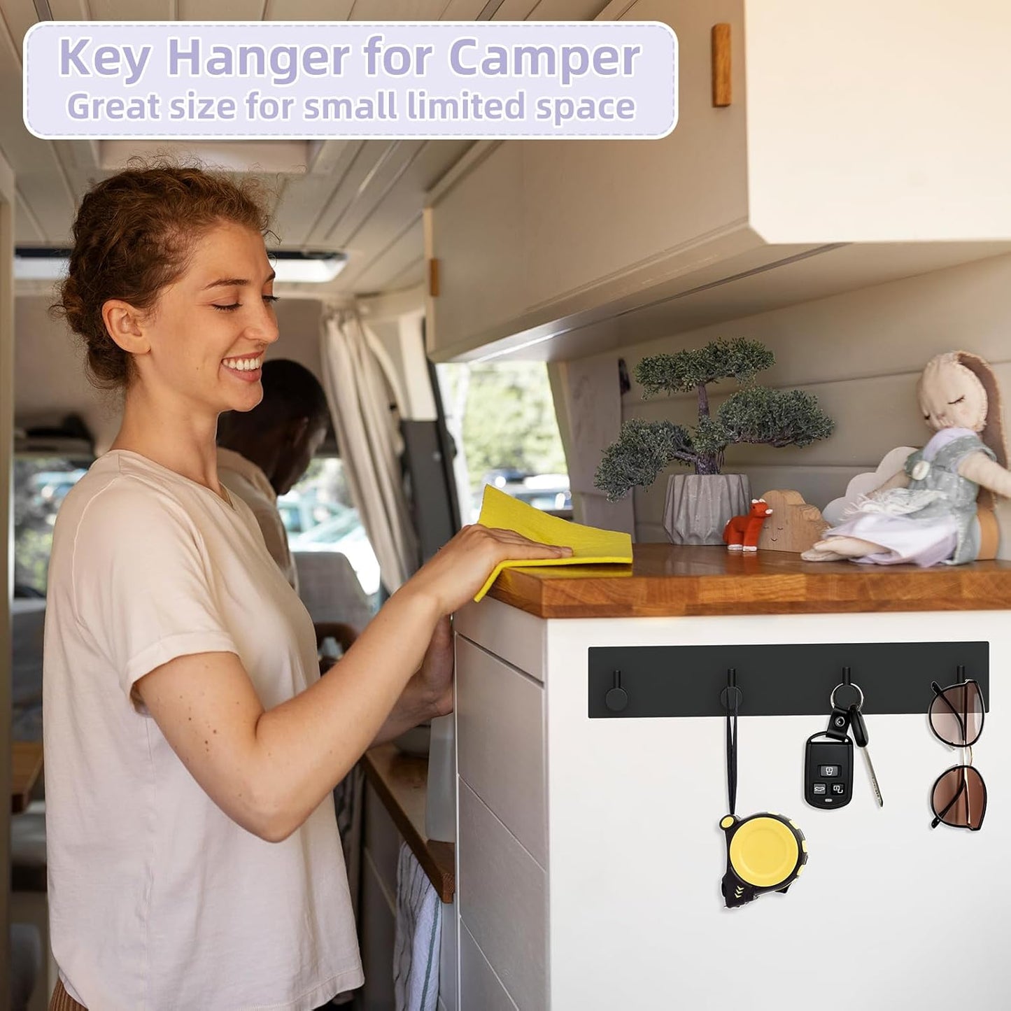 Key Holder Wall Mount, Large Metal Self Adhesive Key Hanger with 4 Hooks, No Drilling, Extra Adhesive Strip, V1258-DP02-B-290