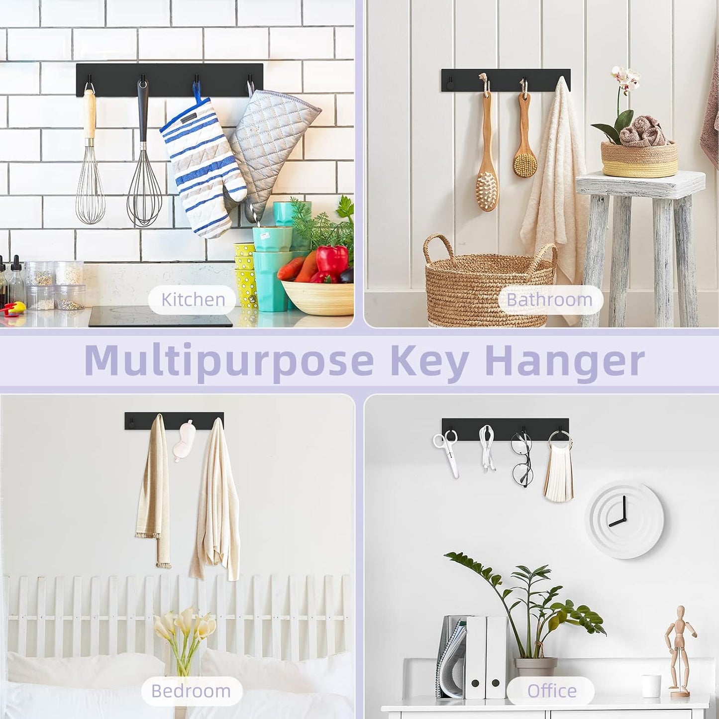 Key Holder Wall Mount, Large Metal Self Adhesive Key Hanger with 4 Hooks, No Drilling, Extra Adhesive Strip, V1258-DP02-B-290