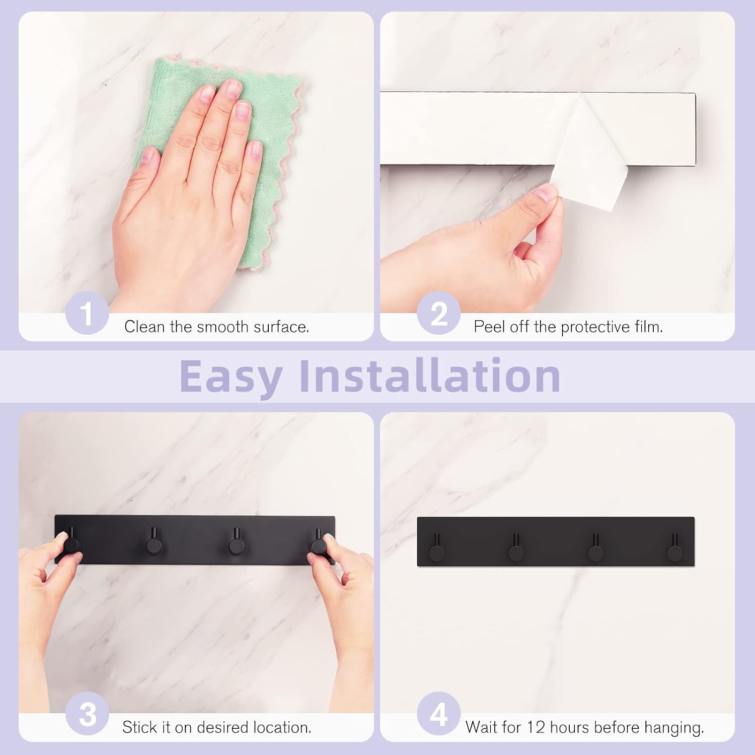 Key Holder Wall Mount, Large Metal Self Adhesive Key Hanger with 4 Hooks, No Drilling, Extra Adhesive Strip, V1258-DP02-B-290