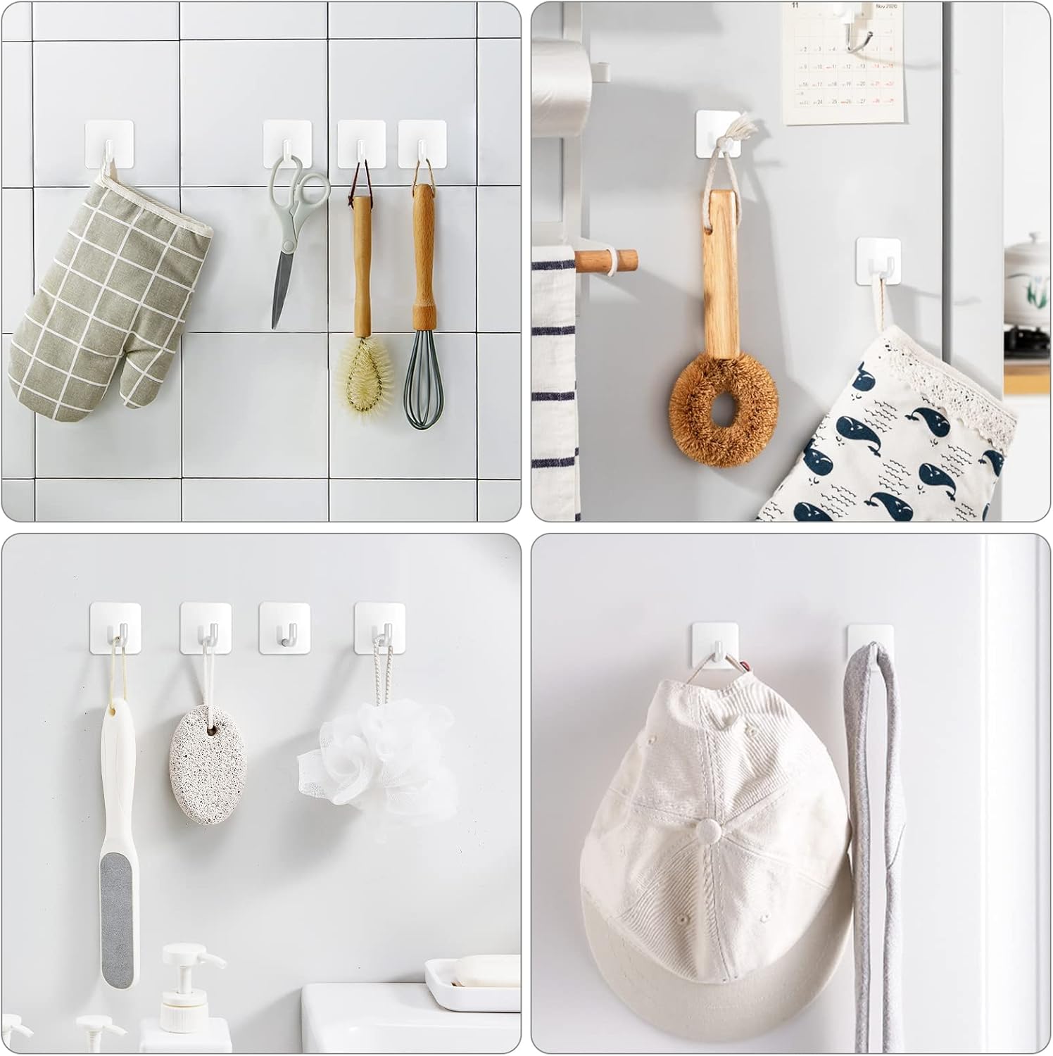 Adhesive Hooks, Metal Shower Wall Stick on Hooks, Waterproof, 2 Extra Adhesive Strips, White, 4 Pcs V1258-DP02-B-291