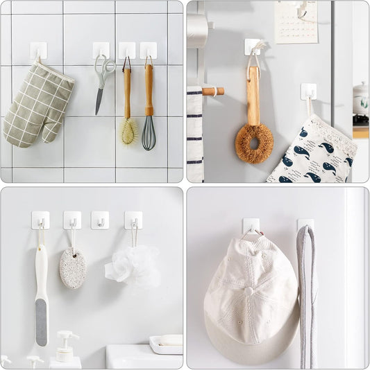 Adhesive Hooks, Metal Shower Wall Stick on Hooks, Waterproof, 2 Extra Adhesive Strips, White, 4 Pcs V1258-DP02-B-291