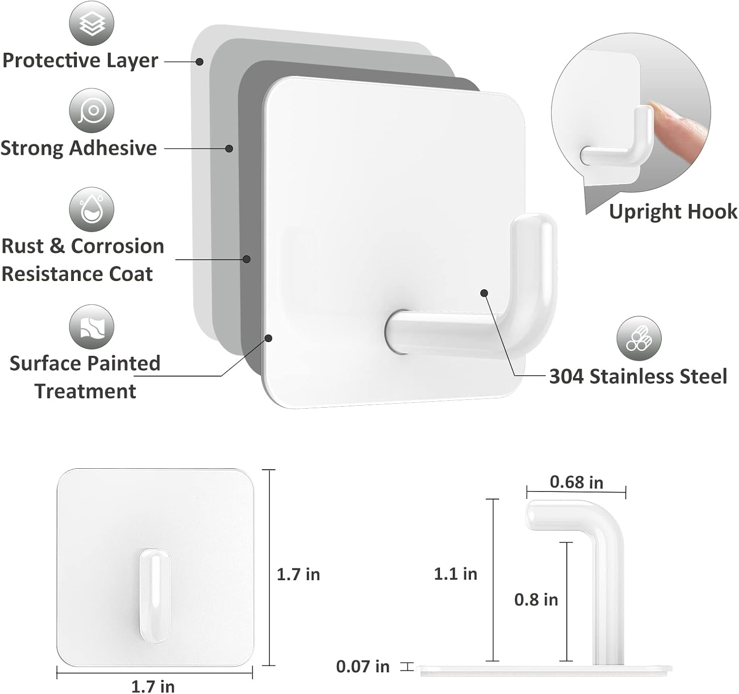 Adhesive Hooks, Metal Shower Wall Stick on Hooks, Waterproof, 2 Extra Adhesive Strips, White, 4 Pcs V1258-DP02-B-291