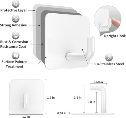 Adhesive Hooks, Metal Shower Wall Stick on Hooks, Waterproof, 2 Extra Adhesive Strips, White, 4 Pcs V1258-DP02-B-291