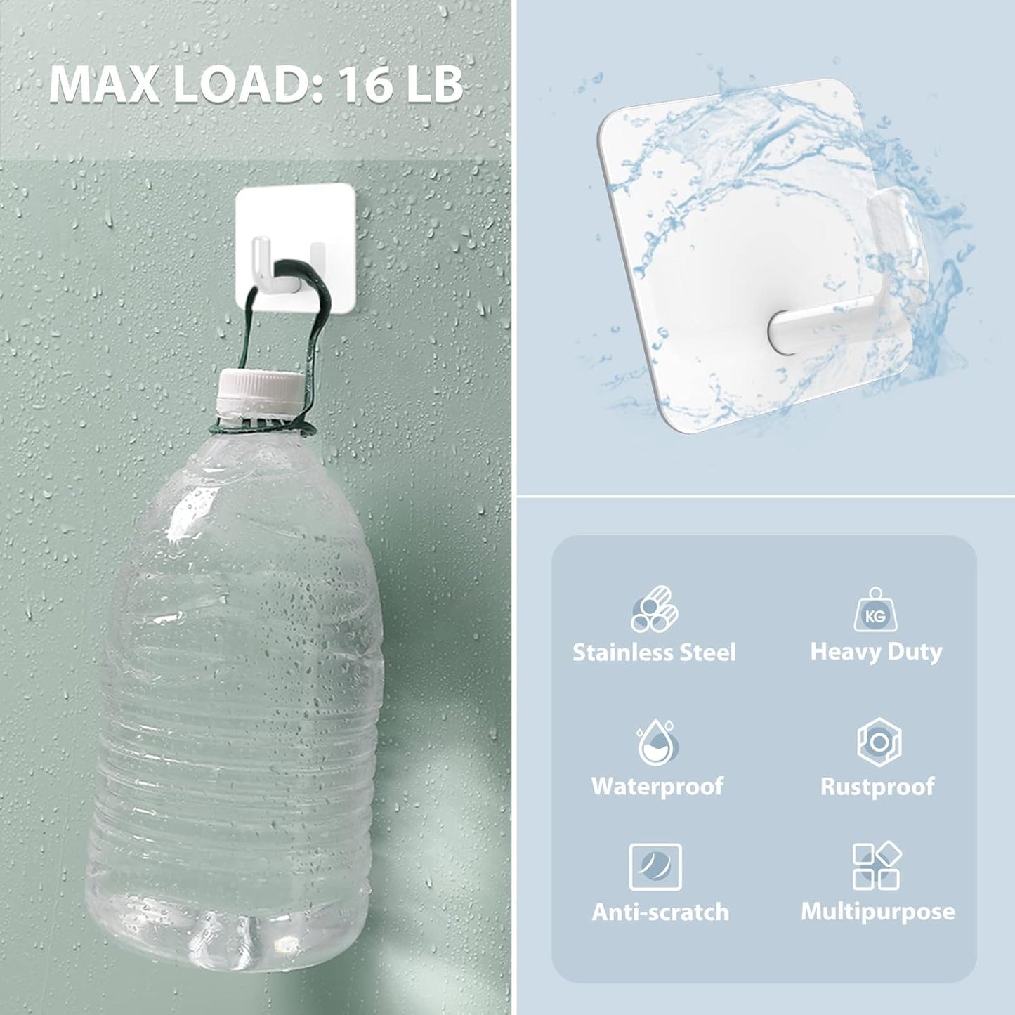 Adhesive Hooks, Metal Shower Wall Stick on Hooks, Waterproof, 2 Extra Adhesive Strips, White, 4 Pcs V1258-DP02-B-291