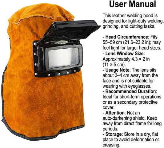Welding Helmet Mask with Flip Open Lens, Leather Welding Hood Grinding Protective Gear Work Cap Head Face V1258-DP02-B-2912