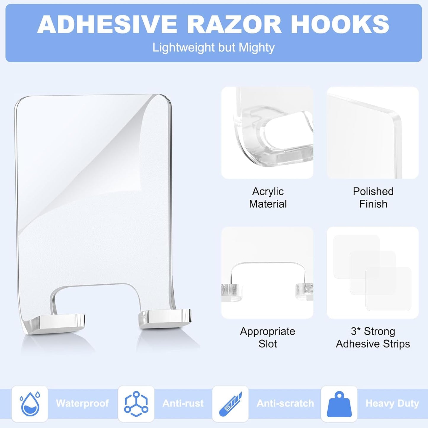 Adhesive Razor Holder, Wall Mount Shower Razor Hooks for His and Hers, Acrylic, Waterproof, Clear, 2 Pcs V1258-DP02-B-292