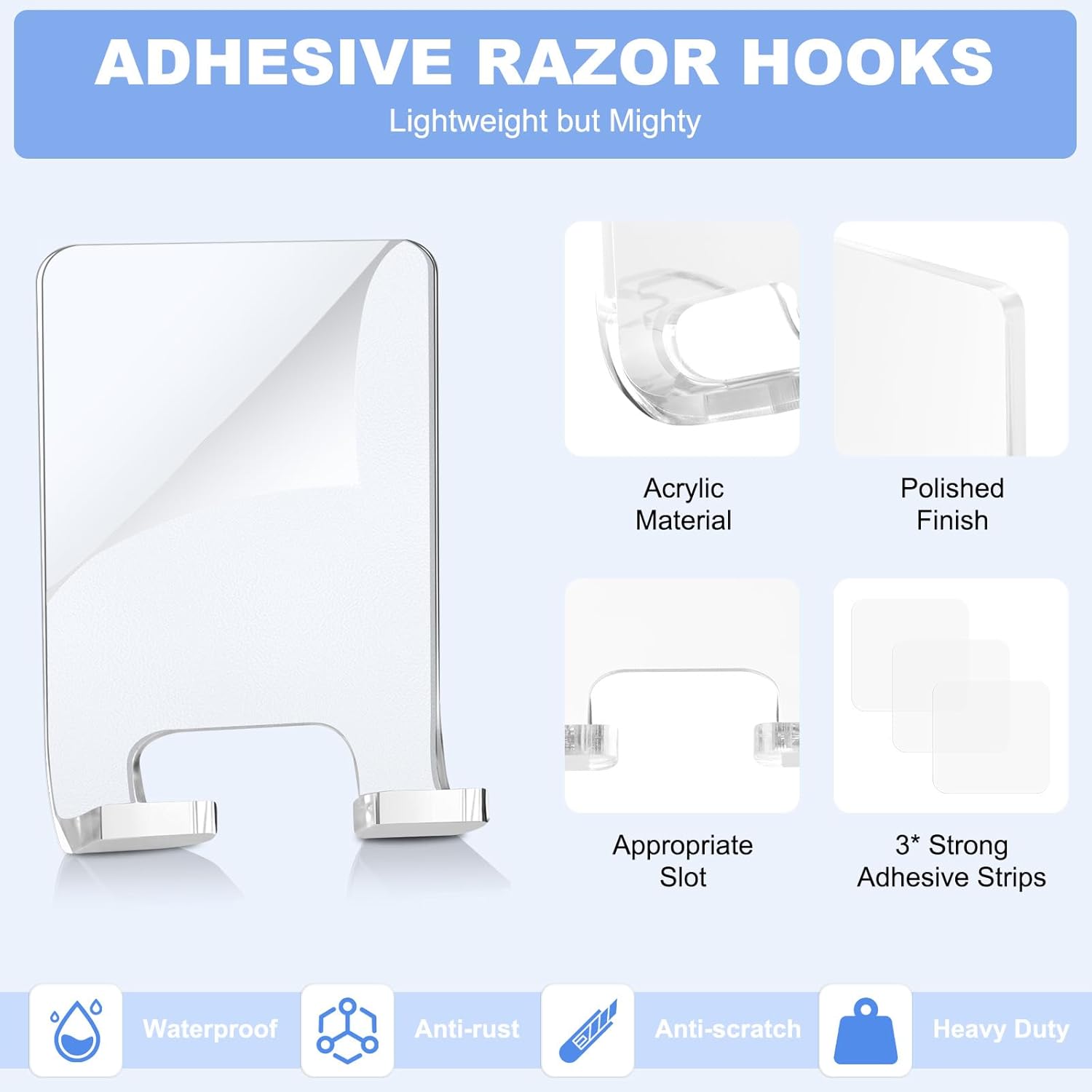 Adhesive Razor Holder, Wall Mount Shower Razor Hooks for His and Hers, Acrylic, Waterproof, Clear, 2 Pcs V1258-DP02-B-292