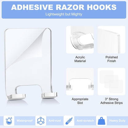 Adhesive Razor Holder, Wall Mount Shower Razor Hooks for His and Hers, Acrylic, Waterproof, Clear, 2 Pcs V1258-DP02-B-292