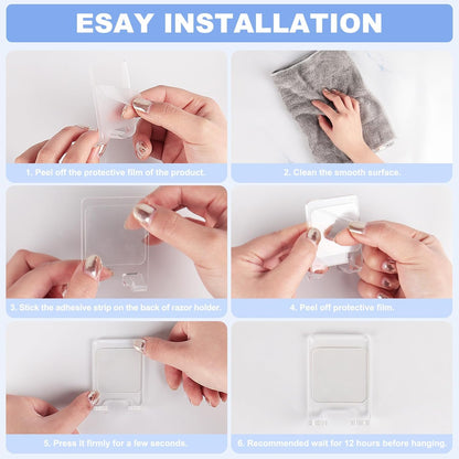 Adhesive Razor Holder, Wall Mount Shower Razor Hooks for His and Hers, Acrylic, Waterproof, Clear, 2 Pcs V1258-DP02-B-292