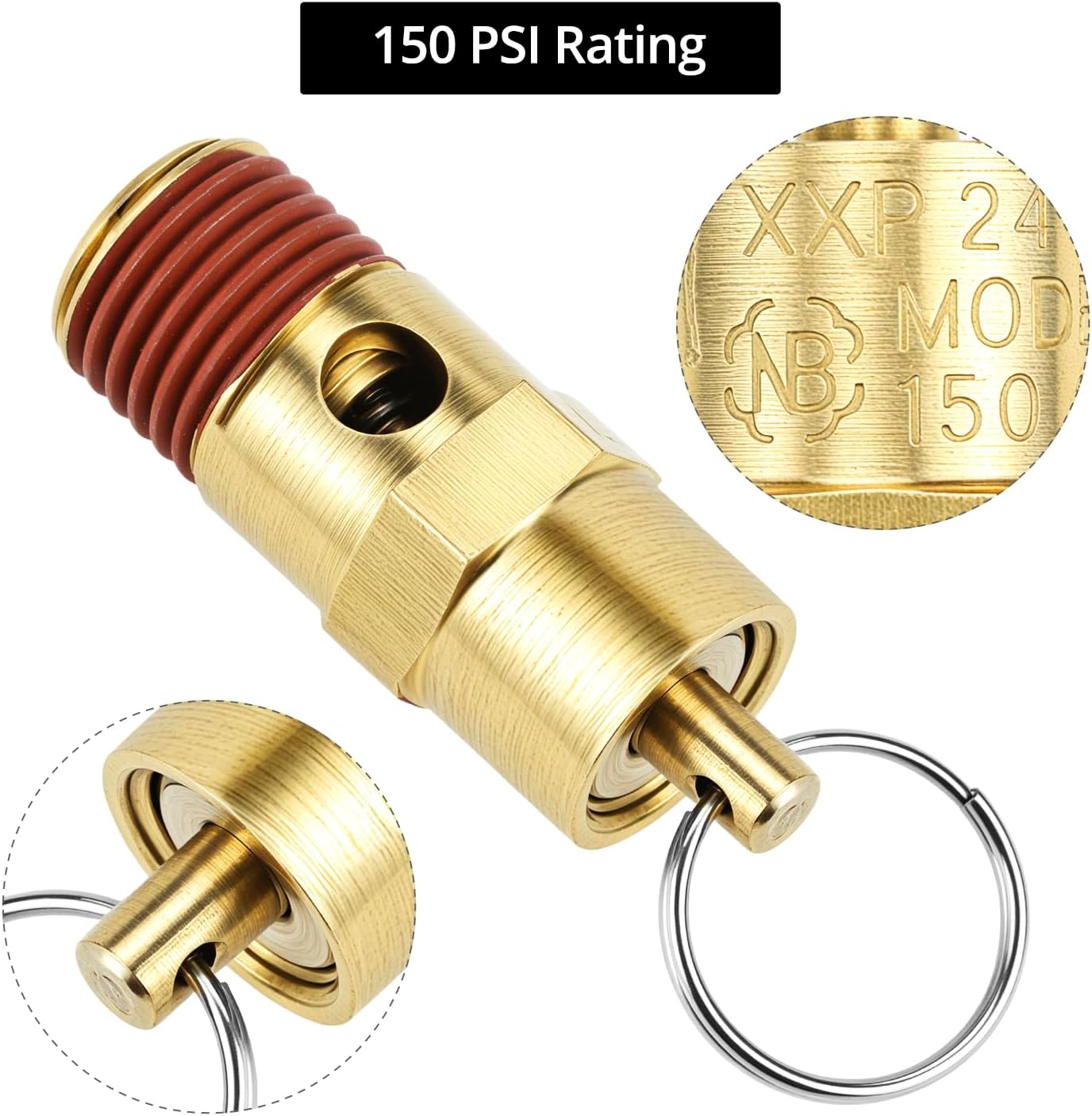 Brass Pressure Relief Valve (2 Pack) - 1/4 Inch NPT Threaded, 150 PSI Rating, Air Compressor Check Valve with V1258-DP02-B-2921