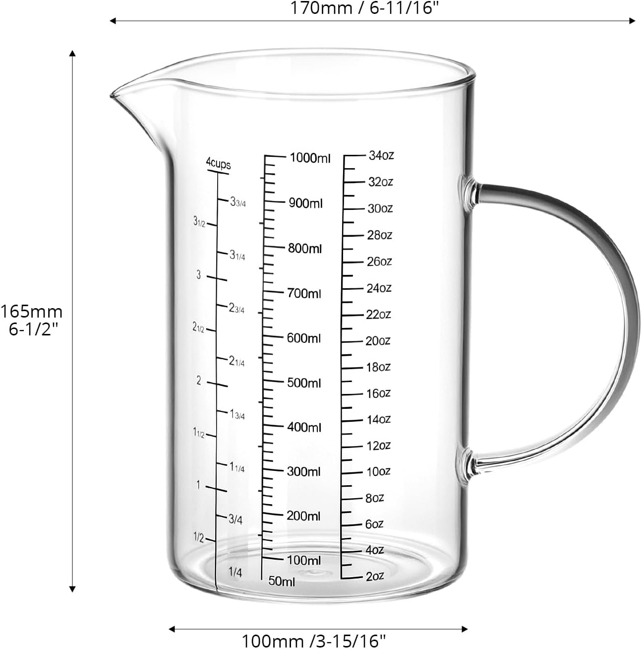 34OZ/1000ML Glass Measuring Cup (Ml/Oz/Cup), 4 Cups Multi-Purpose Kitchen Tool with V-Shaped Spout & Handle V1258-DP02-B-2926