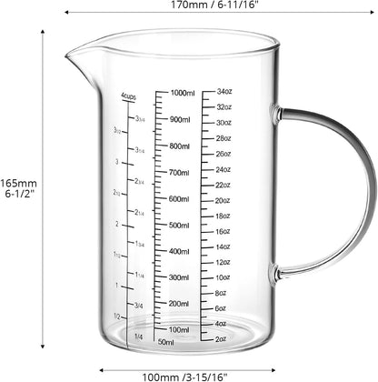34OZ/1000ML Glass Measuring Cup (Ml/Oz/Cup), 4 Cups Multi-Purpose Kitchen Tool with V-Shaped Spout & Handle V1258-DP02-B-2926