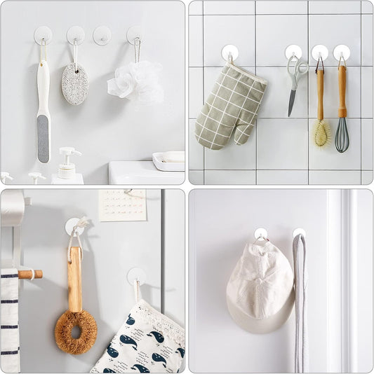 Adhesive Hooks, Small Metal Shower Wall Stick on Hooks, Waterproof, 2 Extra Adhesive Strips, Round, White, 4 V1258-DP02-B-293