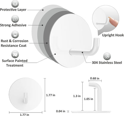 Adhesive Hooks, Small Metal Shower Wall Stick on Hooks, Waterproof, 2 Extra Adhesive Strips, Round, White, 4 V1258-DP02-B-293