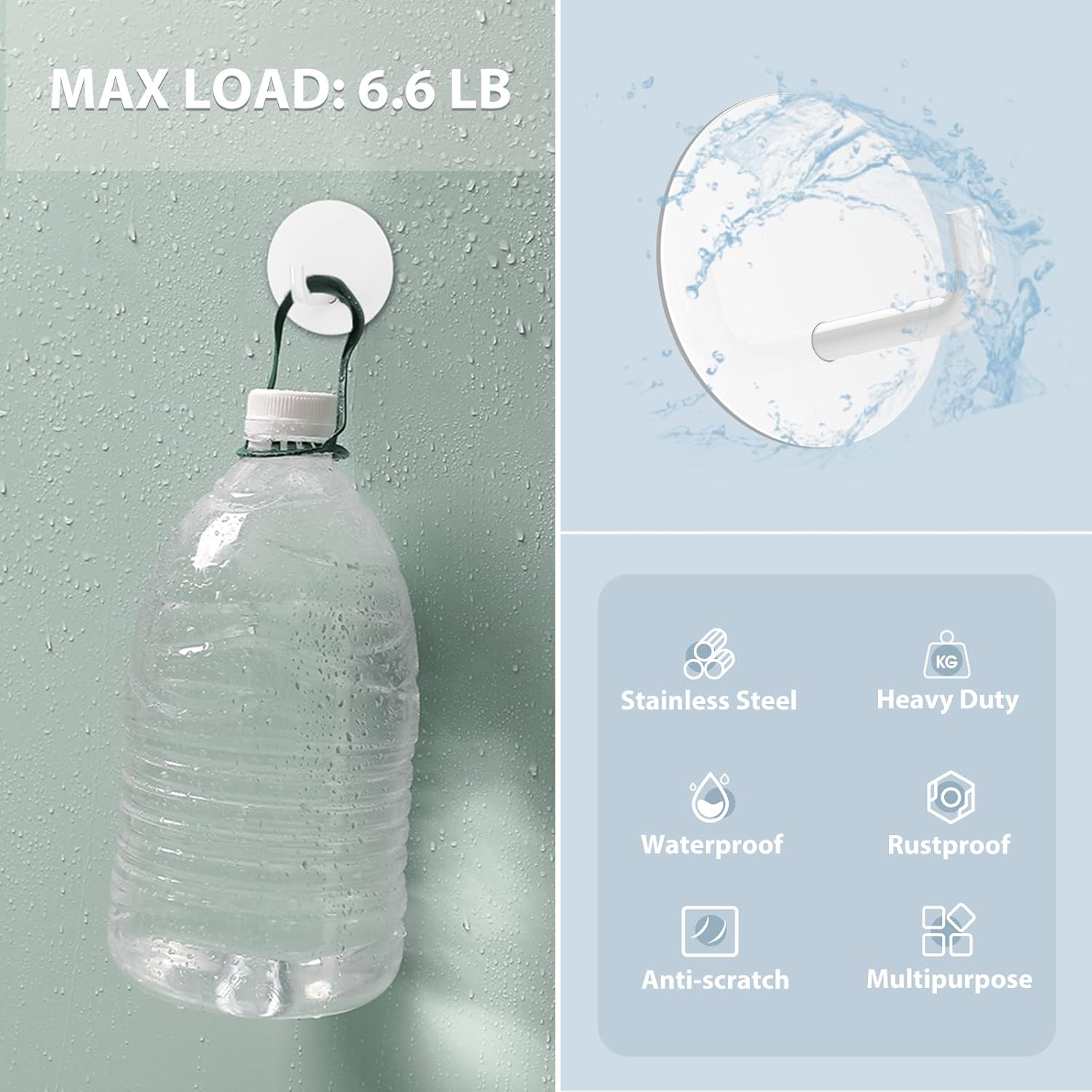 Adhesive Hooks, Small Metal Shower Wall Stick on Hooks, Waterproof, 2 Extra Adhesive Strips, Round, White, 4 V1258-DP02-B-293