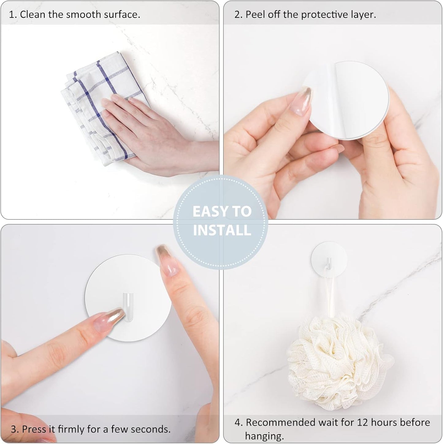 Adhesive Hooks, Small Metal Shower Wall Stick on Hooks, Waterproof, 2 Extra Adhesive Strips, Round, White, 4 V1258-DP02-B-293