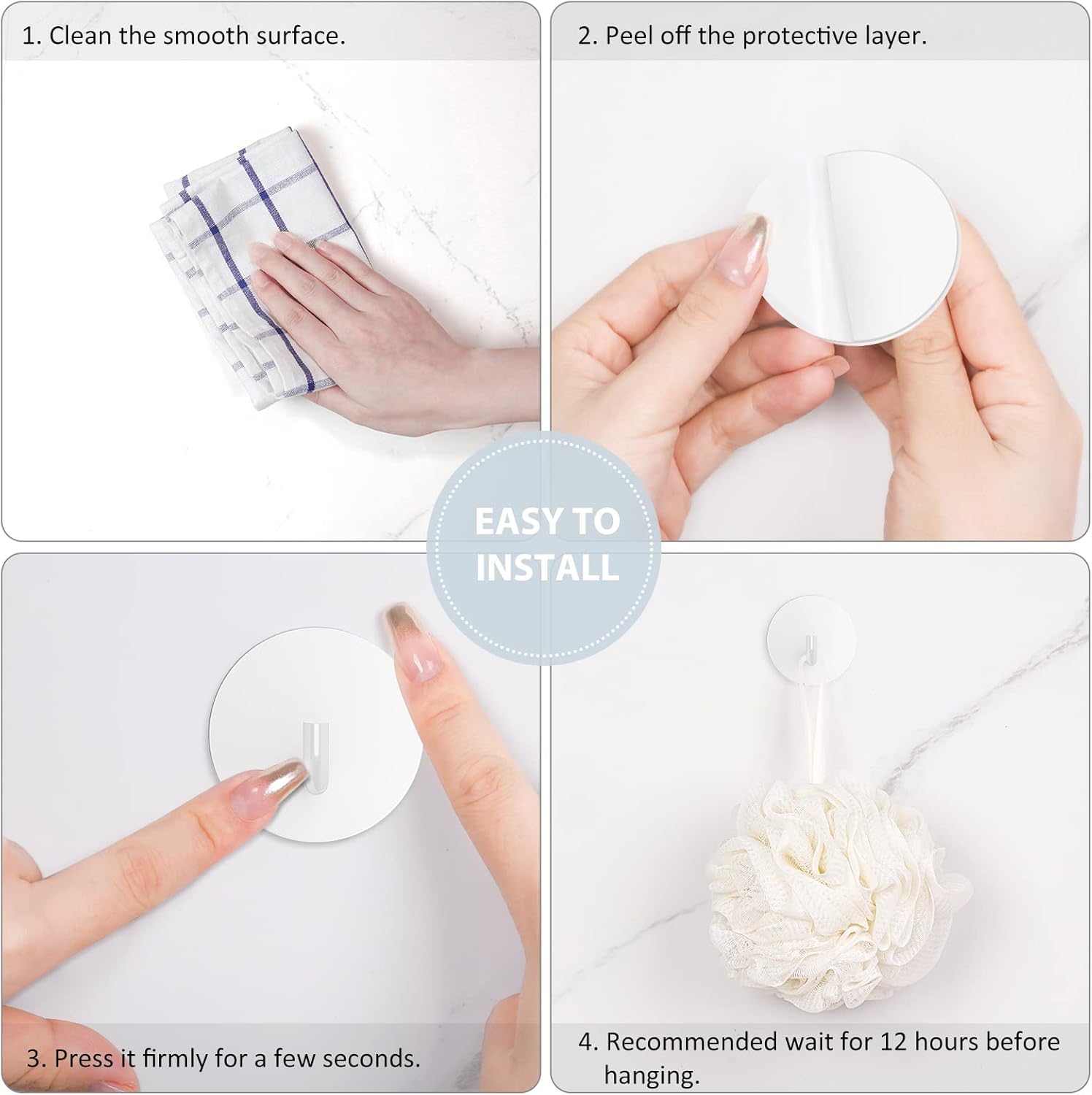 Adhesive Hooks, Small Metal Shower Wall Stick on Hooks, Waterproof, 2 Extra Adhesive Strips, Round, White, 4 V1258-DP02-B-293