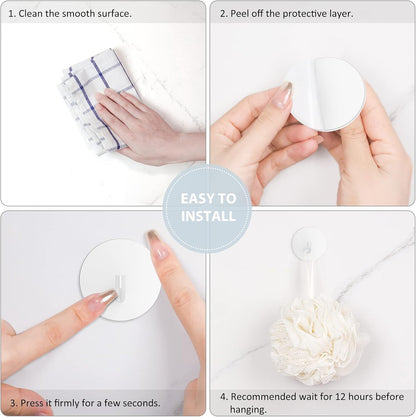 Adhesive Hooks, Small Metal Shower Wall Stick on Hooks, Waterproof, 2 Extra Adhesive Strips, Round, White, 4 V1258-DP02-B-293