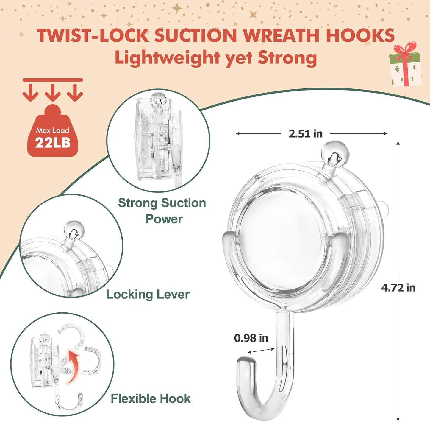 Wreath Hanger, Large Twist Lock Suction Cup Wreath Hooks, Heavy Duty, 22 LB Capacity, Removable and Reusable, V1258-DP02-B-294