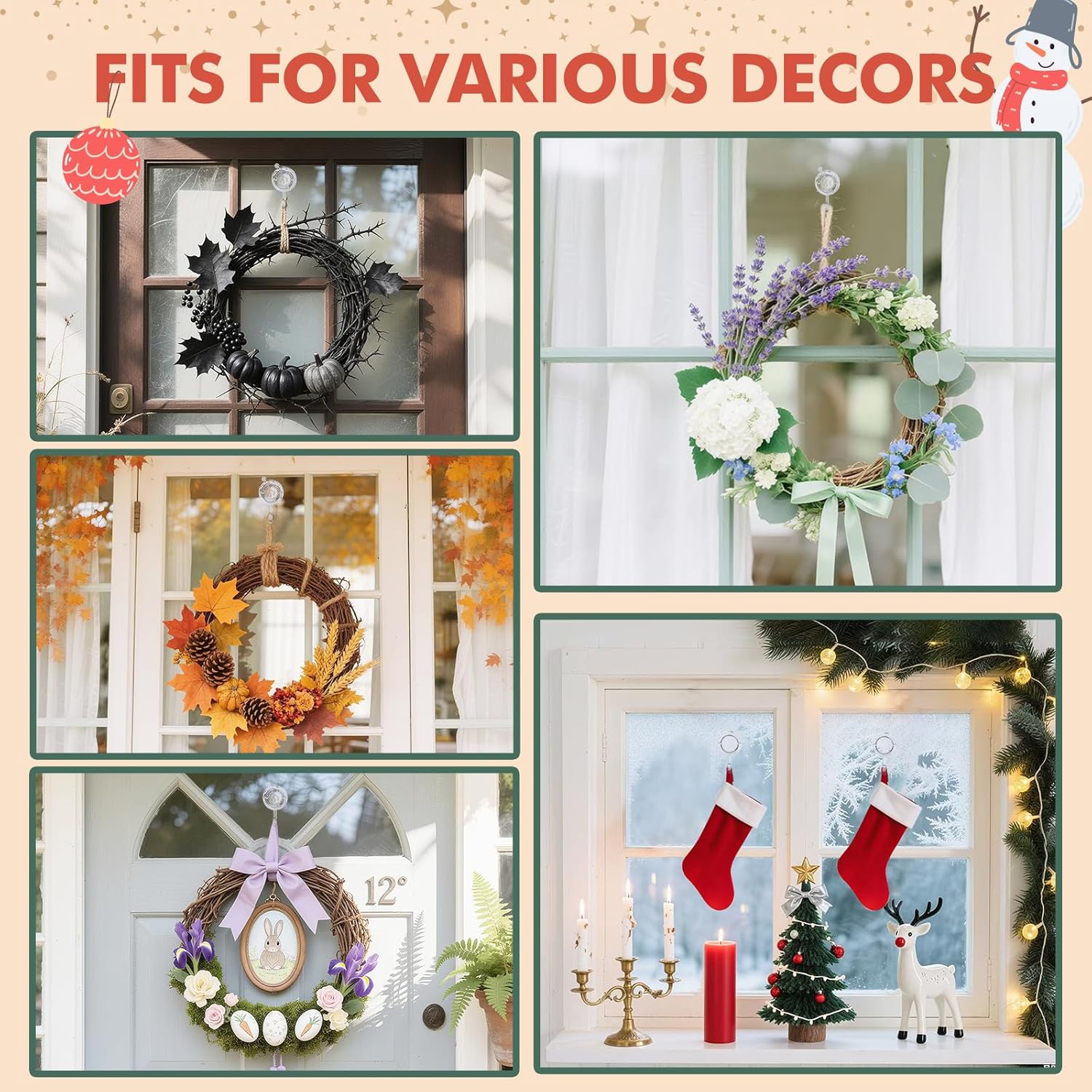 Wreath Hanger, Large Twist Lock Suction Cup Wreath Hooks, Heavy Duty, 22 LB Capacity, Removable and Reusable, V1258-DP02-B-294