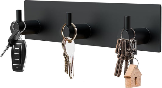 Magnetic Key Holder Wall Mount, Metal Adhesive Key Hanger with 3 Hooks, No Drilling, 2 Mount Options, Black, V1258-DP02-B-295
