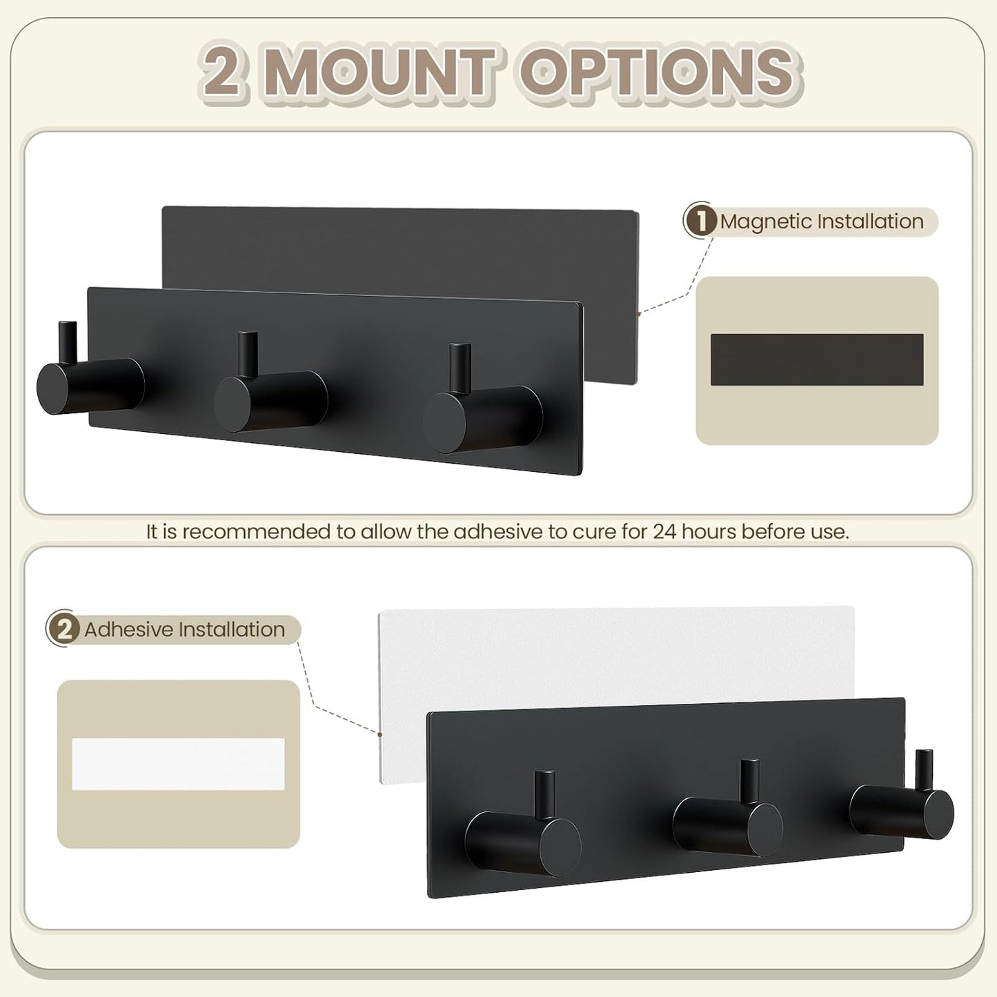 Magnetic Key Holder Wall Mount, Metal Adhesive Key Hanger with 3 Hooks, No Drilling, 2 Mount Options, Black, V1258-DP02-B-295