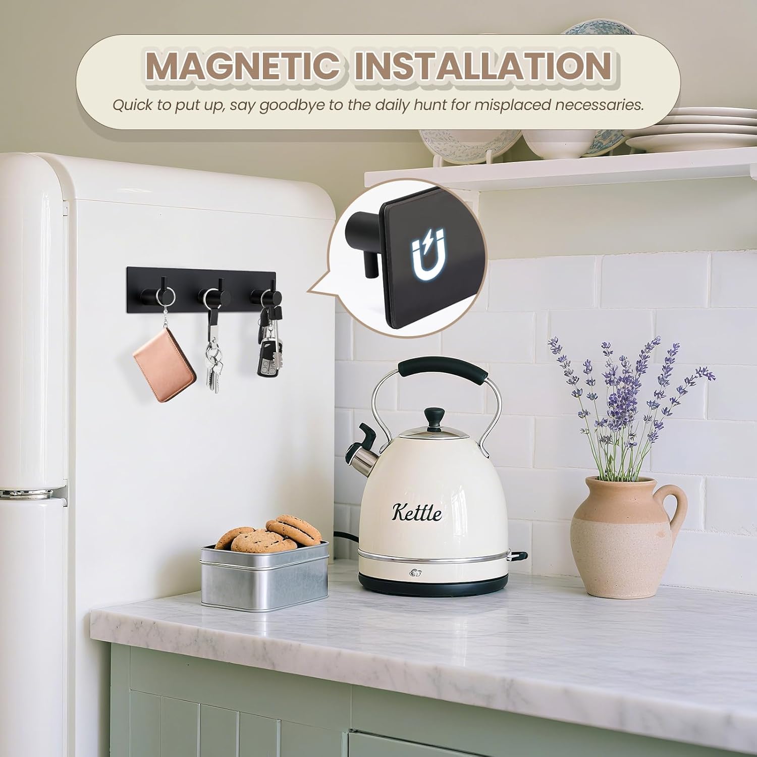 Magnetic Key Holder Wall Mount, Metal Adhesive Key Hanger with 3 Hooks, No Drilling, 2 Mount Options, Black, V1258-DP02-B-295