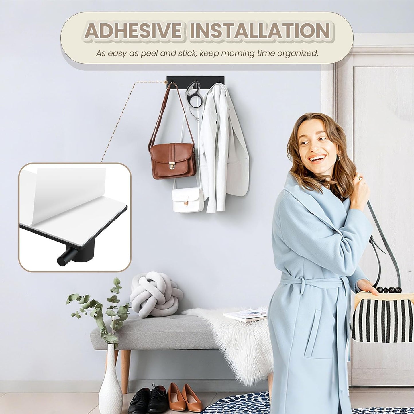 Magnetic Key Holder Wall Mount, Metal Adhesive Key Hanger with 3 Hooks, No Drilling, 2 Mount Options, Black, V1258-DP02-B-295
