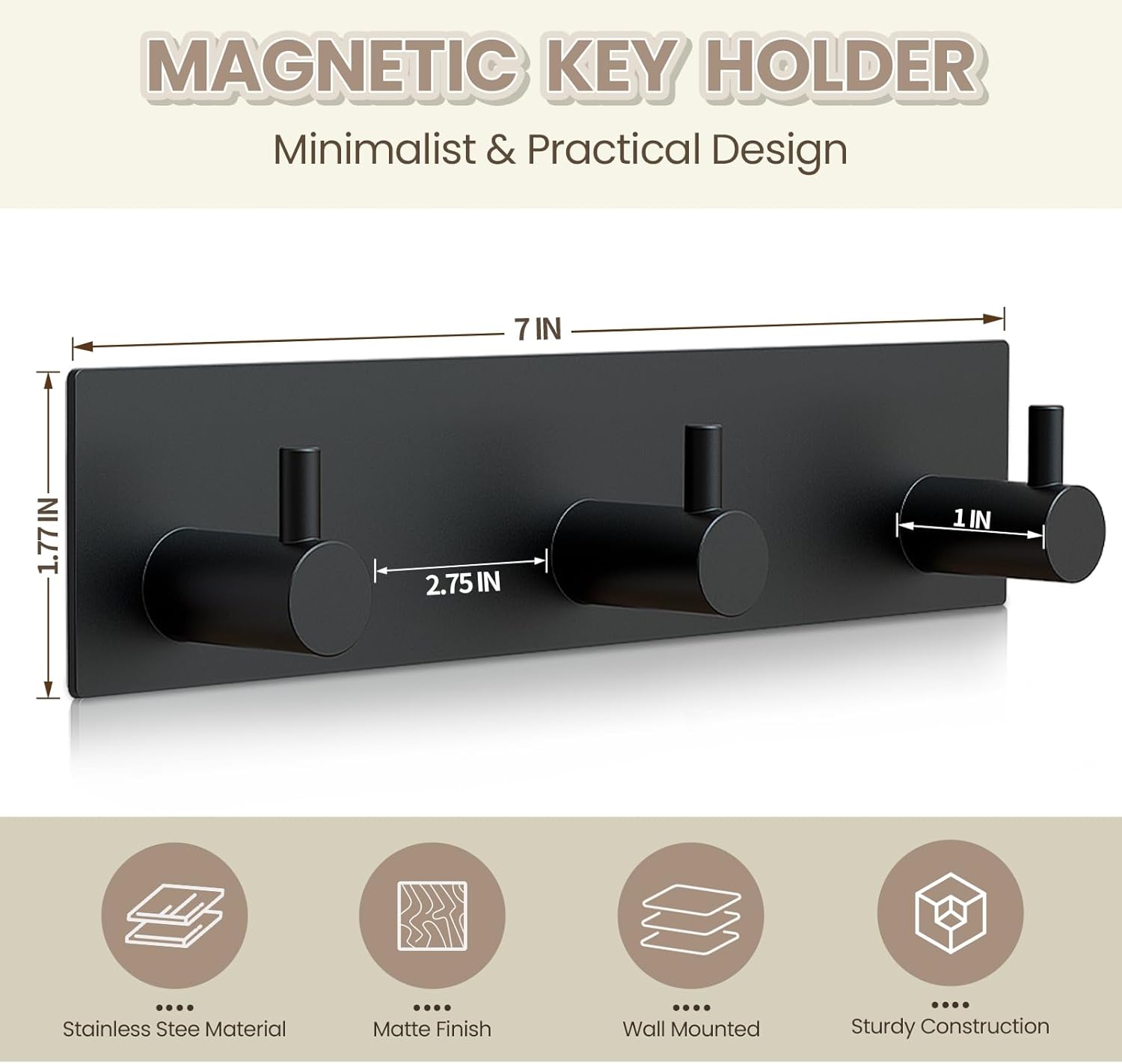 Magnetic Key Holder Wall Mount, Metal Adhesive Key Hanger with 3 Hooks, No Drilling, 2 Mount Options, Black, V1258-DP02-B-295