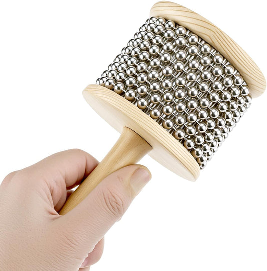 Wooden Cabasa Percussion Musical Instrument, 3.5 Inch Stainless Steel Beaded Shaker with Wooden Handle, V1258-DP02-B-2966