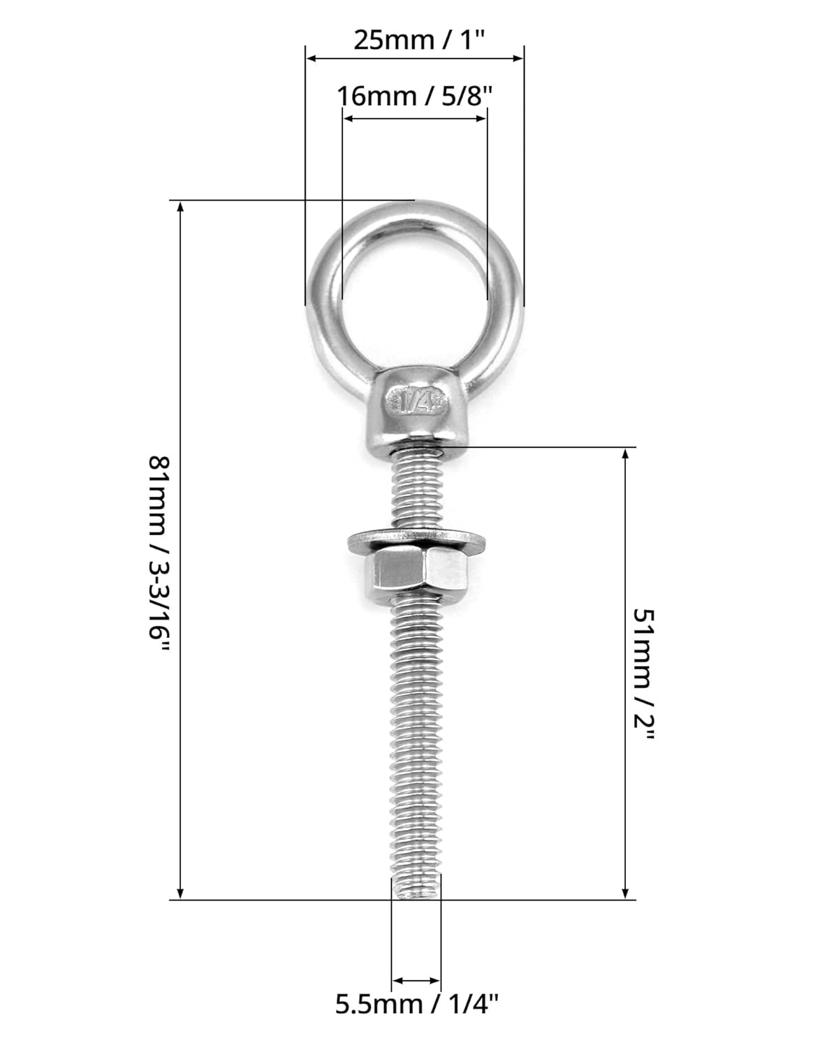 Shoulder Eye Bolts, 10 Pack 316 Stainless Steel Shoulder Threaded Eyebolts- 1/4" x 2" with High Corrosion V1258-DP02-B-2972