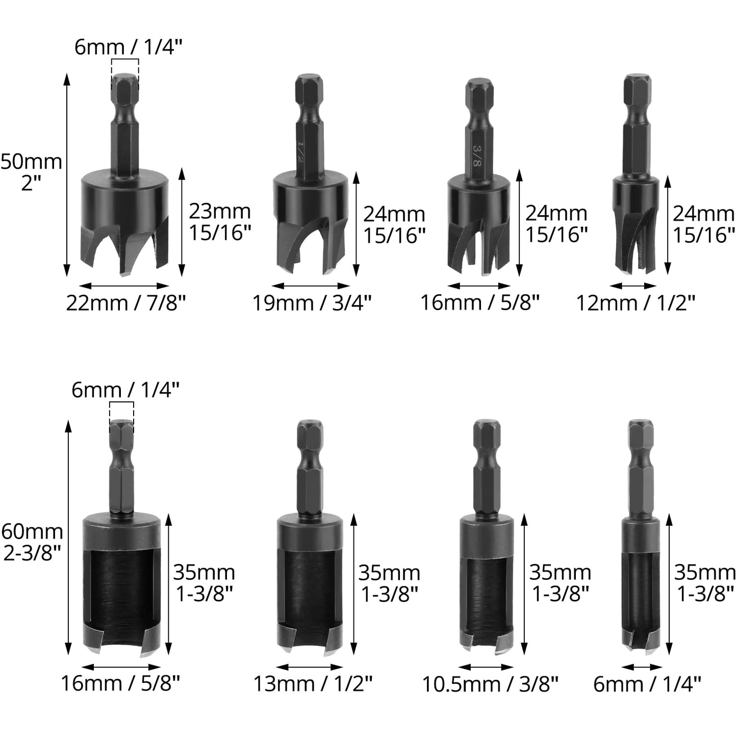 Wood Plug Cutter Drill Bit Set, 8Pcs, Includes 1/4", 5/16", 3/8", 1/2" Sizes, 1/4 Inch Hex Shank V1258-DP02-B-2982