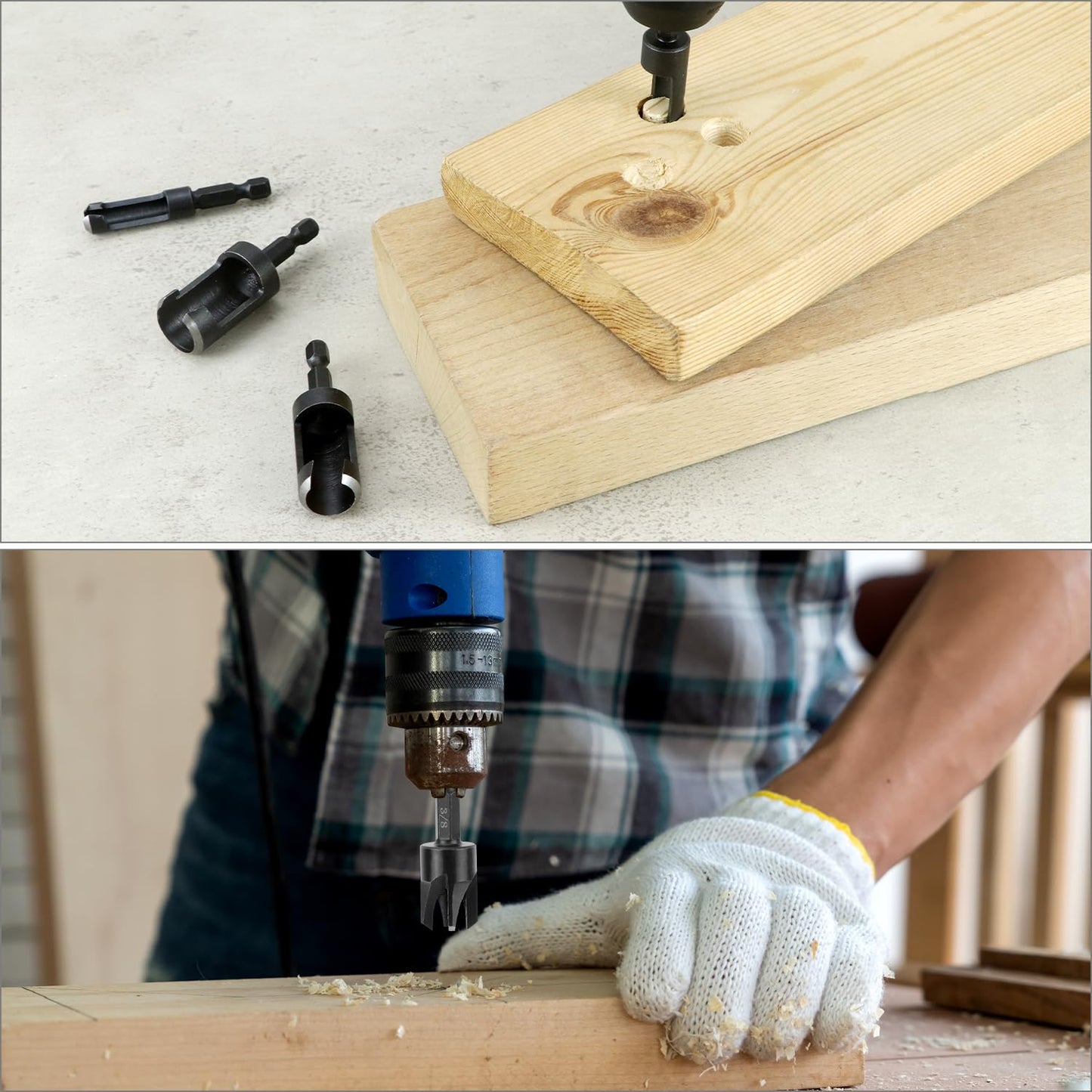 Wood Plug Cutter Drill Bit Set, 8Pcs, Includes 1/4", 5/16", 3/8", 1/2" Sizes, 1/4 Inch Hex Shank V1258-DP02-B-2982