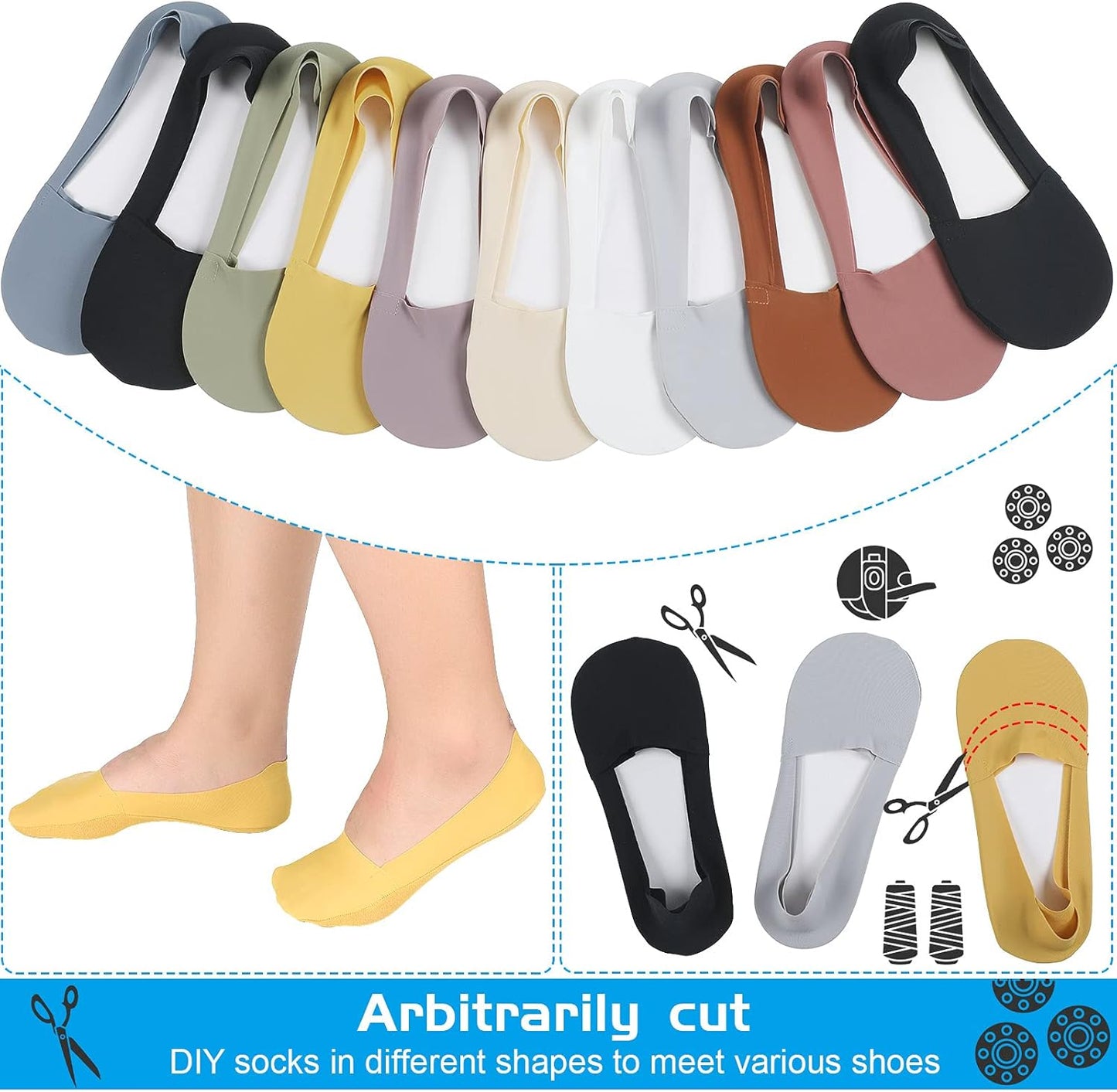 10 Pairs No Show Socks - Women & Men, Low Cut, Liner, Ice Silk, Nonslip, Invisible, Thin V1258-DP02-B-3017