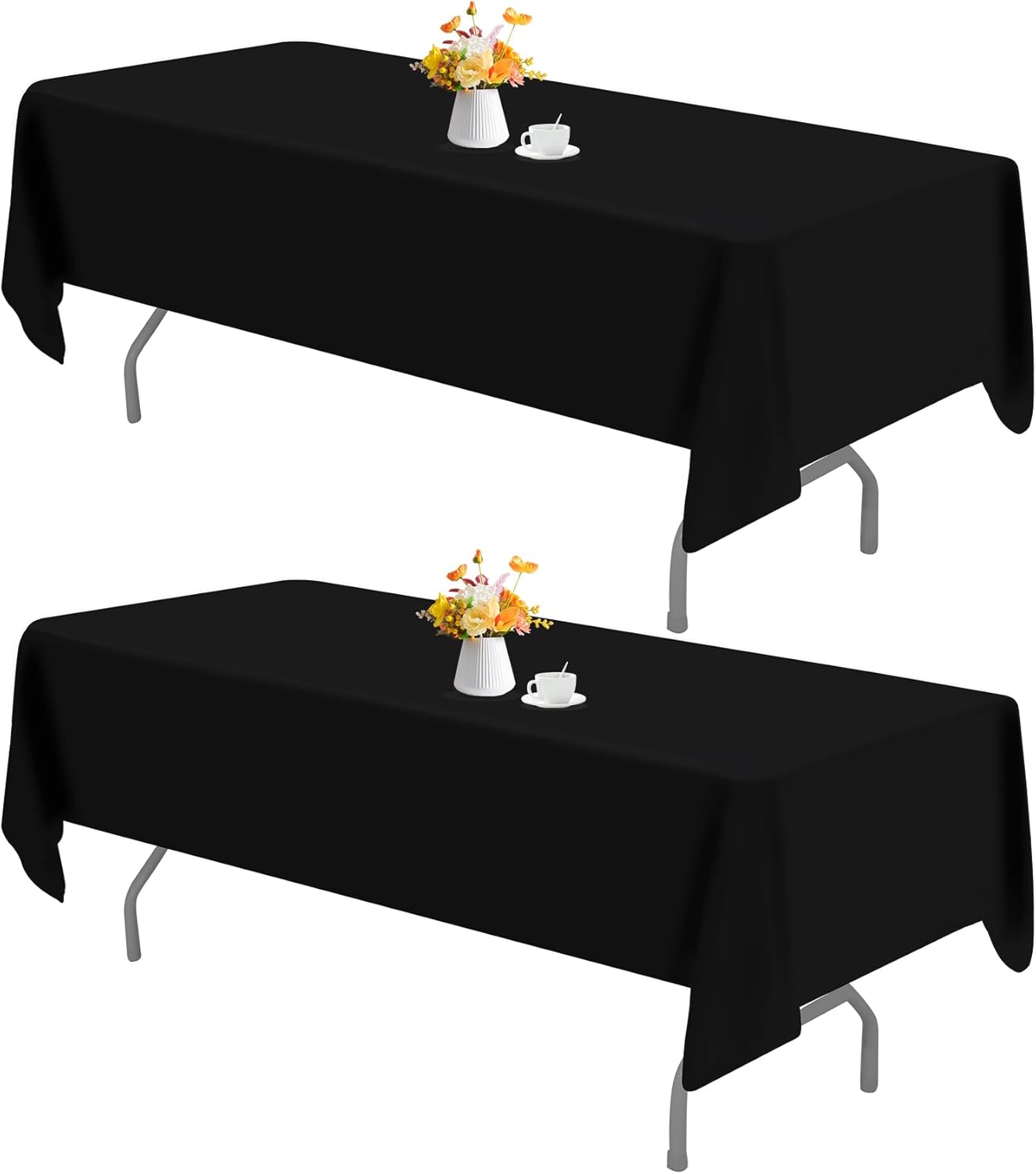 2 Pack 60 x 102 Inch Black Rectangle Tablecloth for 6 Foot Table Washable Reusable Outdoor Polyester Fabric V1258-DP02-B-302