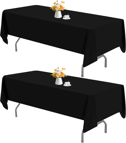 2 Pack 60 x 102 Inch Black Rectangle Tablecloth for 6 Foot Table Washable Reusable Outdoor Polyester Fabric V1258-DP02-B-302