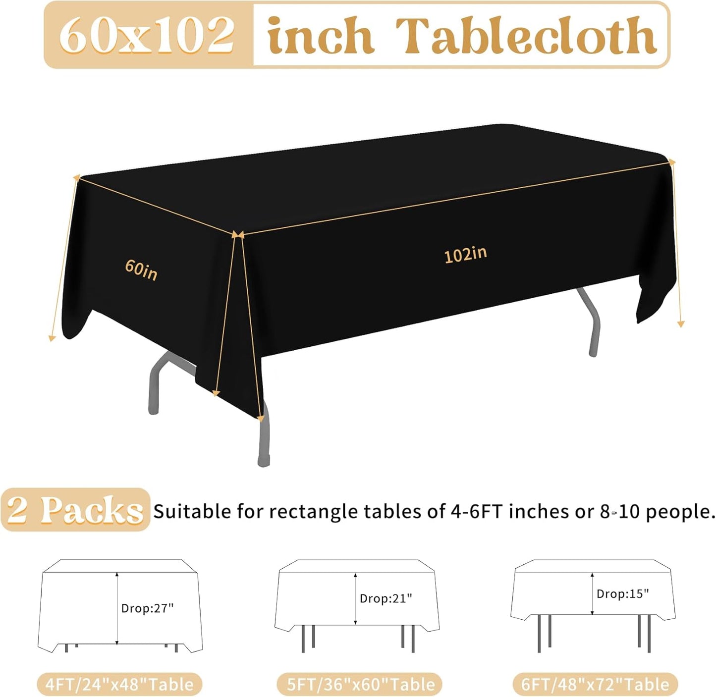 2 Pack 60 x 102 Inch Black Rectangle Tablecloth for 6 Foot Table Washable Reusable Outdoor Polyester Fabric V1258-DP02-B-302