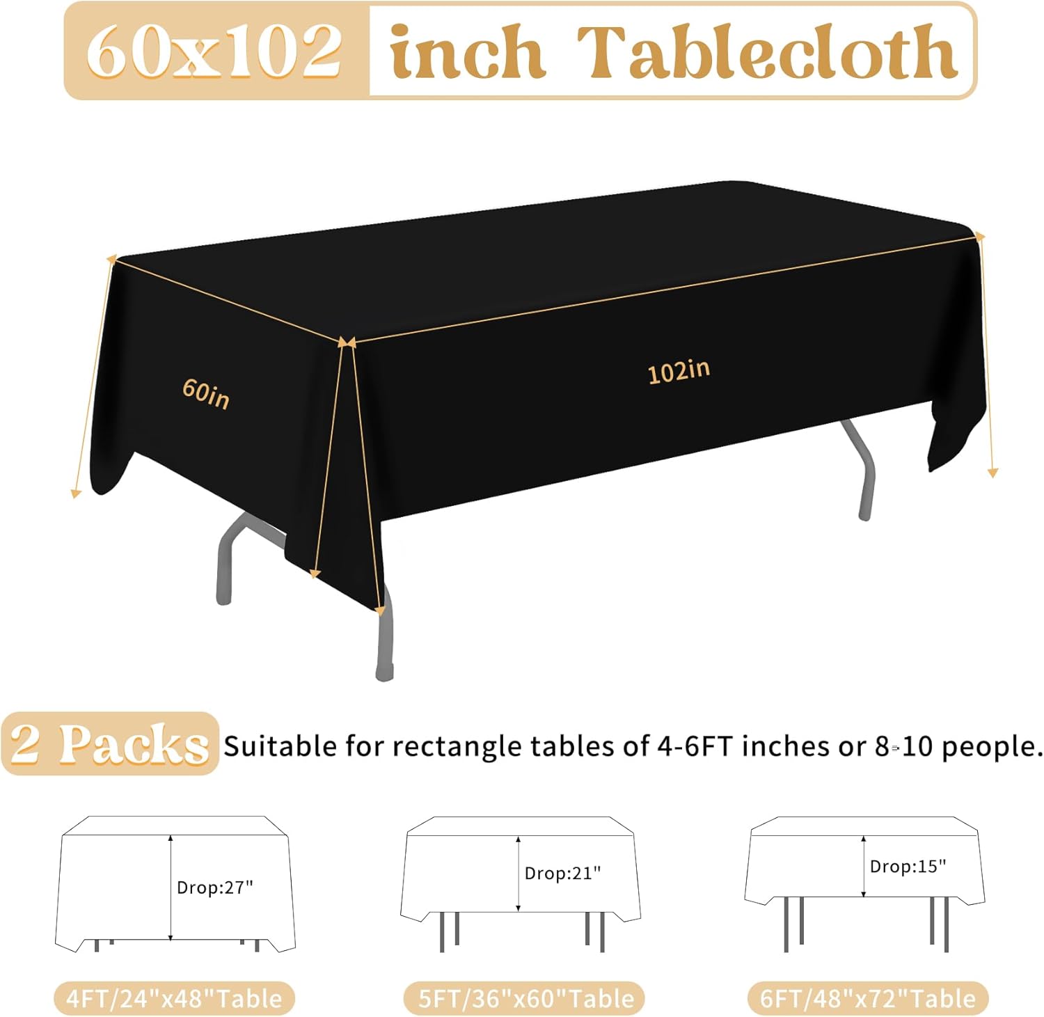 2 Pack 60 x 102 Inch Black Rectangle Tablecloth for 6 Foot Table Washable Reusable Outdoor Polyester Fabric V1258-DP02-B-302
