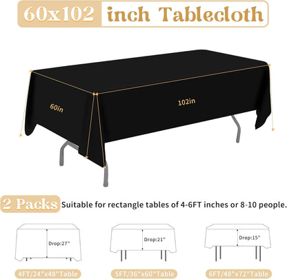 2 Pack 60 x 102 Inch Black Rectangle Tablecloth for 6 Foot Table Washable Reusable Outdoor Polyester Fabric V1258-DP02-B-302