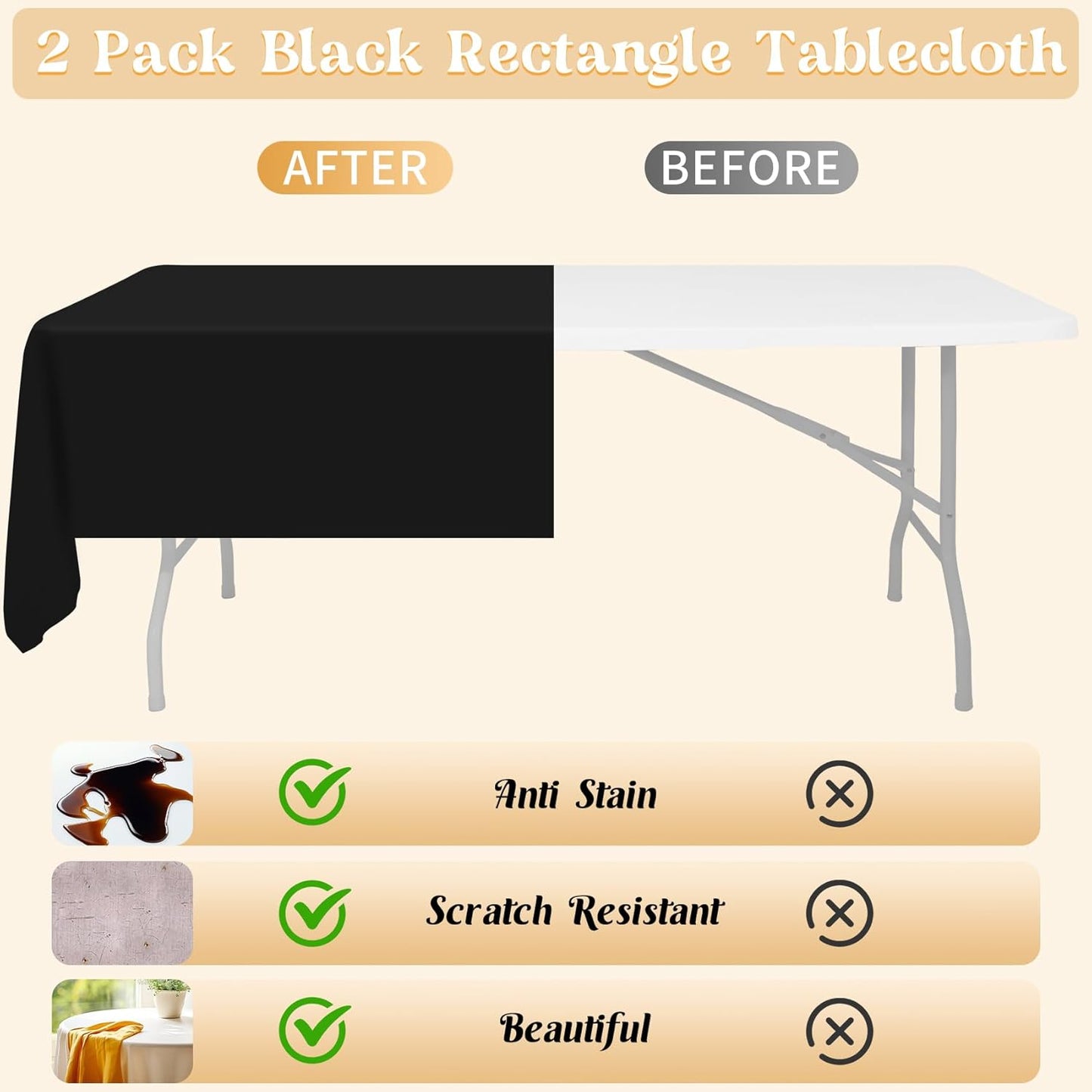 2 Pack 60 x 102 Inch Black Rectangle Tablecloth for 6 Foot Table Washable Reusable Outdoor Polyester Fabric V1258-DP02-B-302