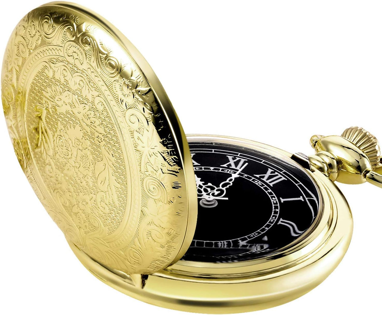 Men's Quartz Pocket Watch with Black Dial and Chain V1258-DP02-B-3020