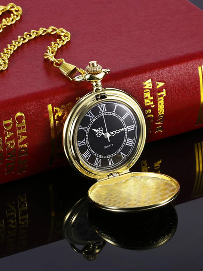 Men's Quartz Pocket Watch with Black Dial and Chain V1258-DP02-B-3020