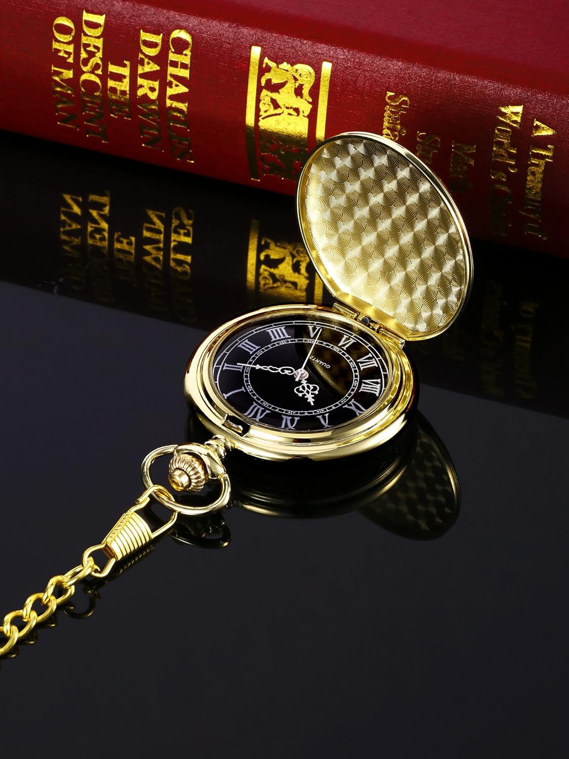 Men's Quartz Pocket Watch with Black Dial and Chain V1258-DP02-B-3020