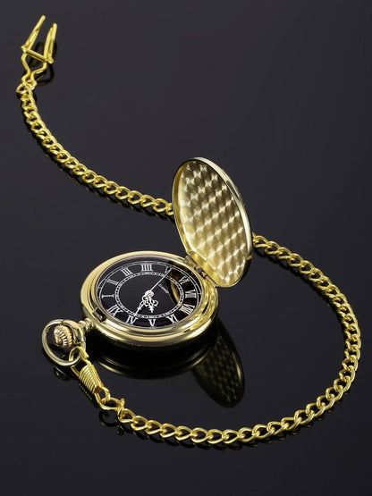Men's Quartz Pocket Watch with Black Dial and Chain V1258-DP02-B-3020